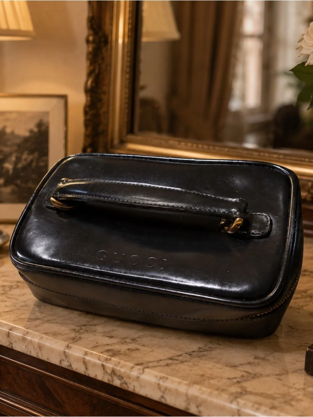 Gucci Vintage Black Patent Leather Cosmetic Vanity Pouch with Bamboo Pulls